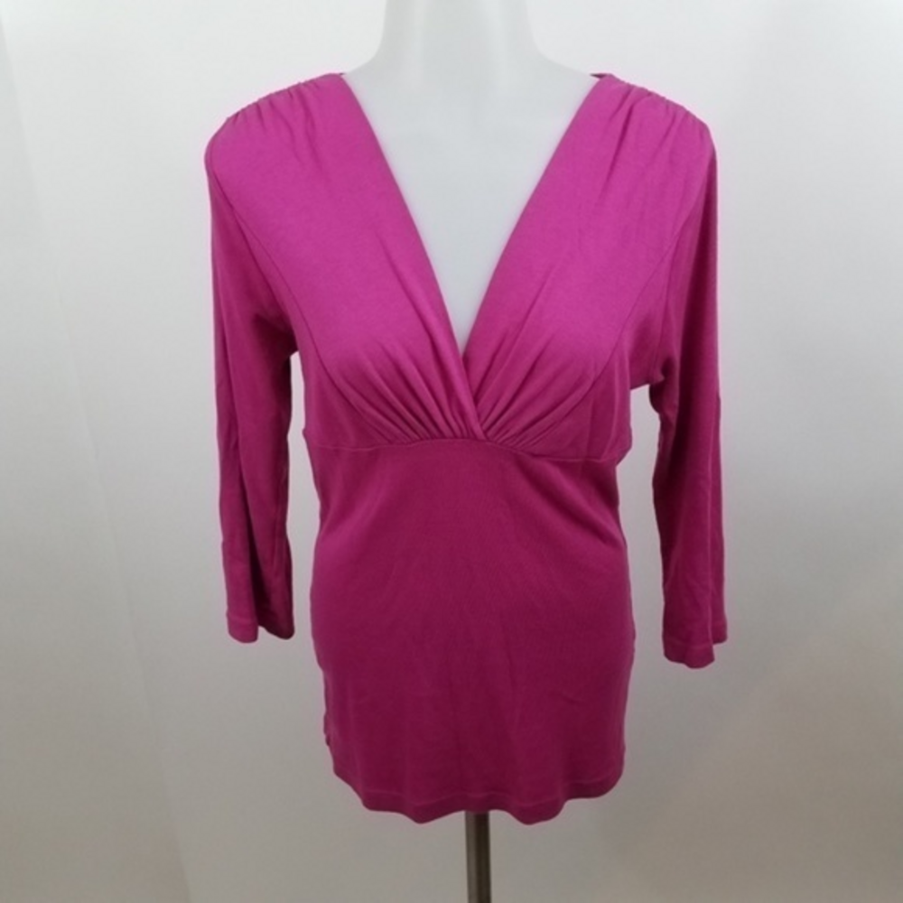Three dots top shirt v-neck knit ruched pink solid 3/4 sleeve M‎